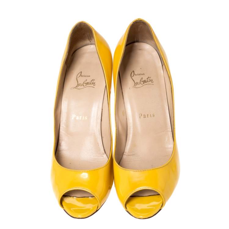 Pre Owned Christian Louboutin Yellow Patent Flo Peep Toe Pumps Size 39