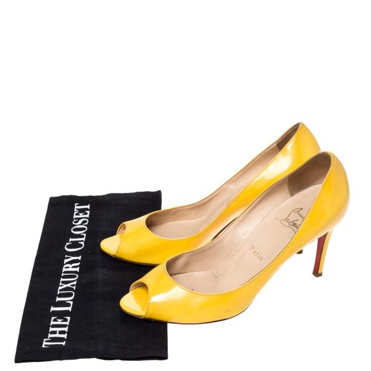 Pre Owned Christian Louboutin Yellow Patent Flo Peep Toe Pumps Size 39