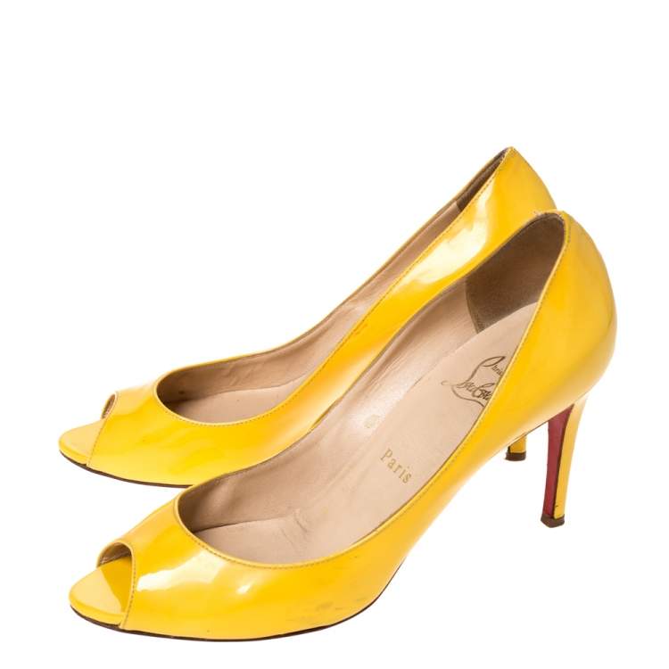 Pre Owned Christian Louboutin Yellow Patent Flo Peep Toe Pumps Size 39