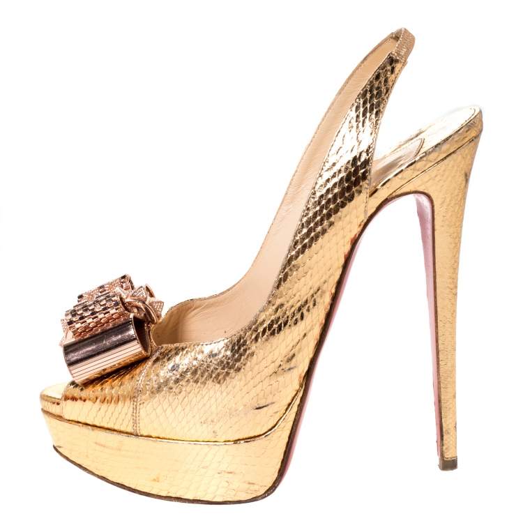 Pre Owned Christian Louboutin Metallic Gold Python Embossed Leather Lady Clou Platform Slingback Sandals Size 39