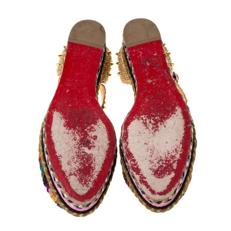 Pre Owned Christian Louboutin Multicolor Fabric And Raffia Spike Madcarina Espadrille Sandals Size 40