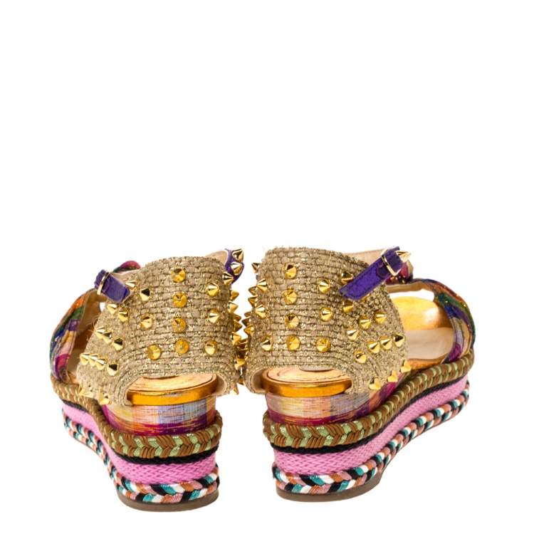 Pre Owned Christian Louboutin Multicolor Fabric And Raffia Spike Madcarina Espadrille Sandals Size 40