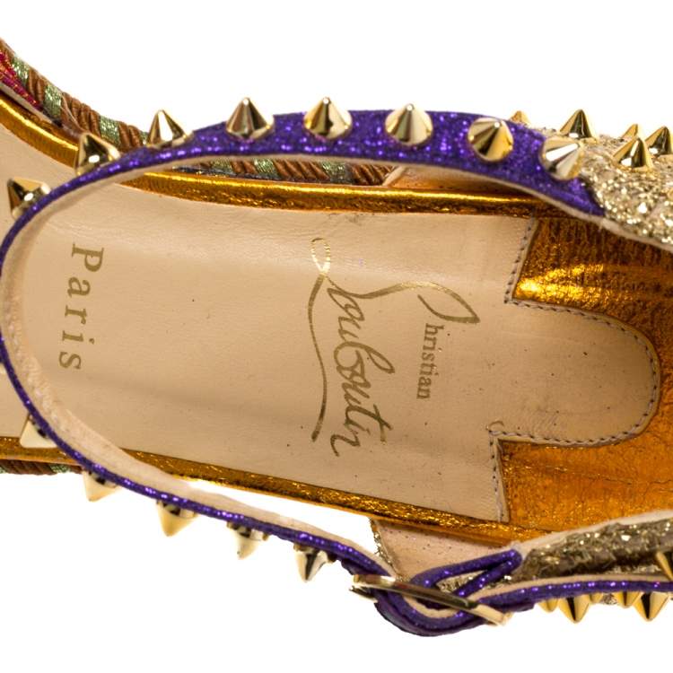 Pre Owned Christian Louboutin Multicolor Fabric And Raffia Spike Madcarina Espadrille Sandals Size 40
