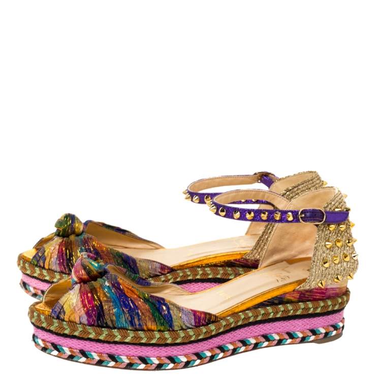 Pre Owned Christian Louboutin Multicolor Fabric And Raffia Spike Madcarina Espadrille Sandals Size 40