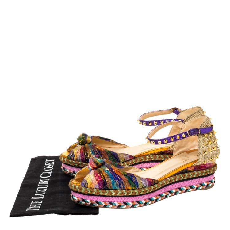 Pre Owned Christian Louboutin Multicolor Fabric And Raffia Spike Madcarina Espadrille Sandals Size 40