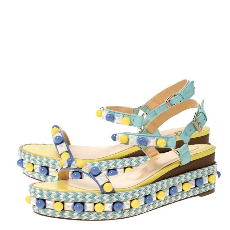 Pre Owned Christian Louboutin Multicolor Leather Cataconico Embellished Platform Ankle Strap Sandals Size 37