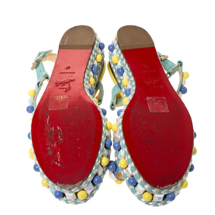 Pre Owned Christian Louboutin Multicolor Leather Cataconico Embellished Platform Ankle Strap Sandals Size 37