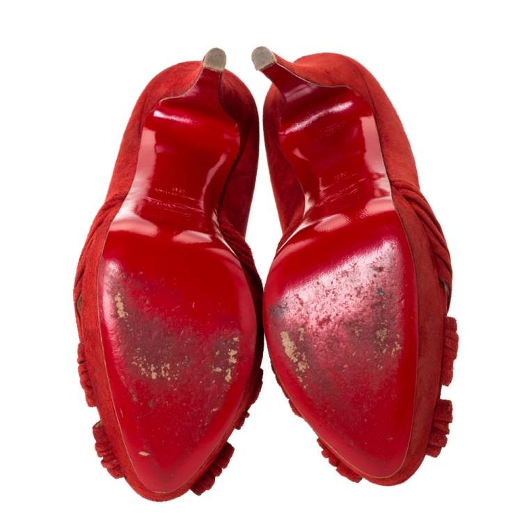 Pre Owned Christian Louboutin Red Suede Leather Platform Cut Out Open Toe Pumps Size 39