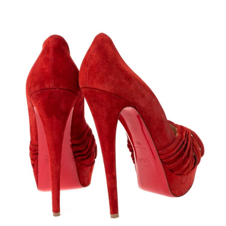 Pre Owned Christian Louboutin Red Suede Leather Platform Cut Out Open Toe Pumps Size 39