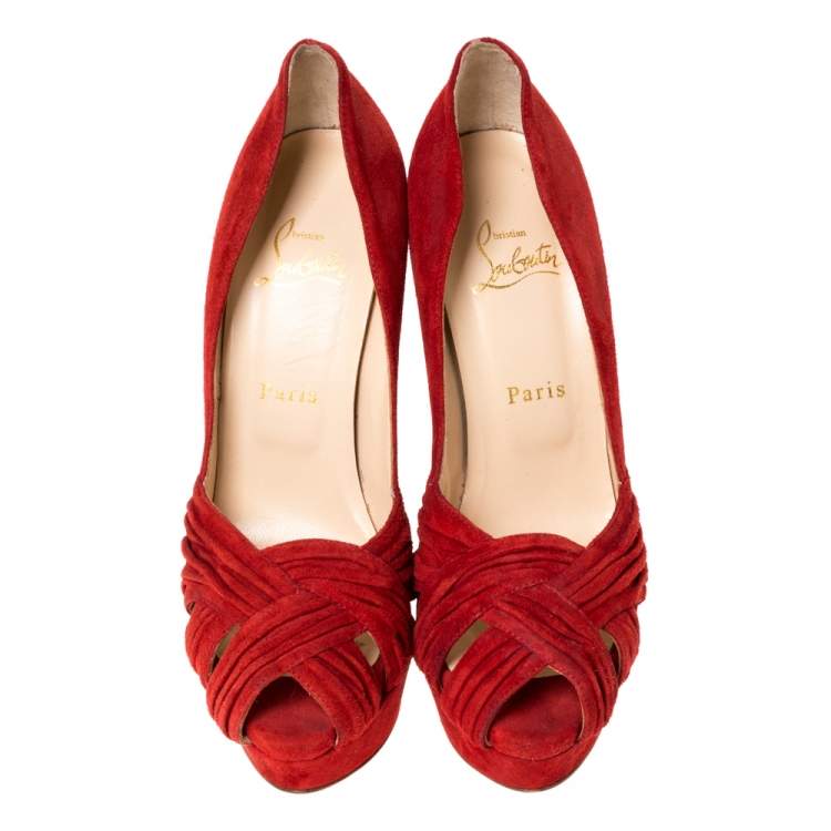 Pre Owned Christian Louboutin Red Suede Leather Platform Cut Out Open Toe Pumps Size 39