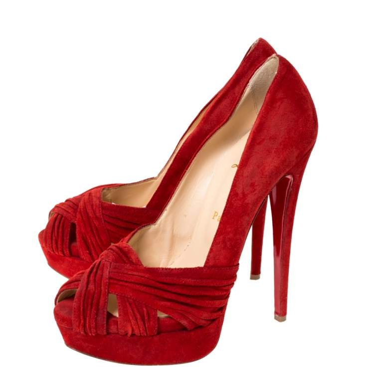 Pre Owned Christian Louboutin Red Suede Leather Platform Cut Out Open Toe Pumps Size 39