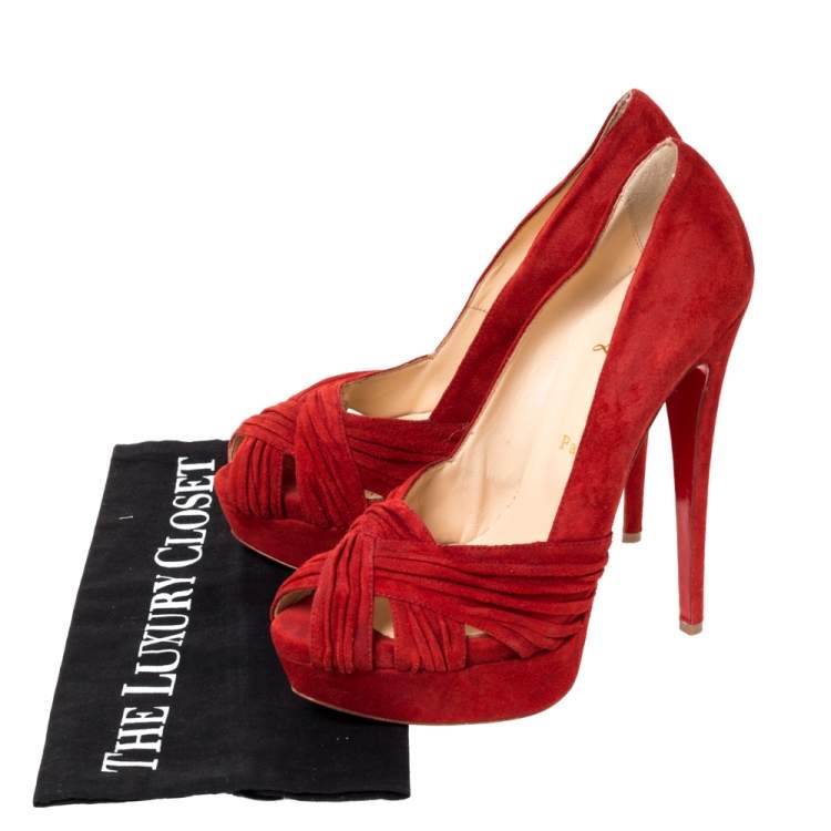 Pre Owned Christian Louboutin Red Suede Leather Platform Cut Out Open Toe Pumps Size 39