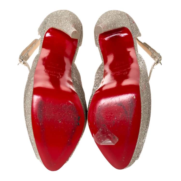 Pre Owned Christian Louboutin Silver Glittered Marlenalta Platform Sandals Size 36.5