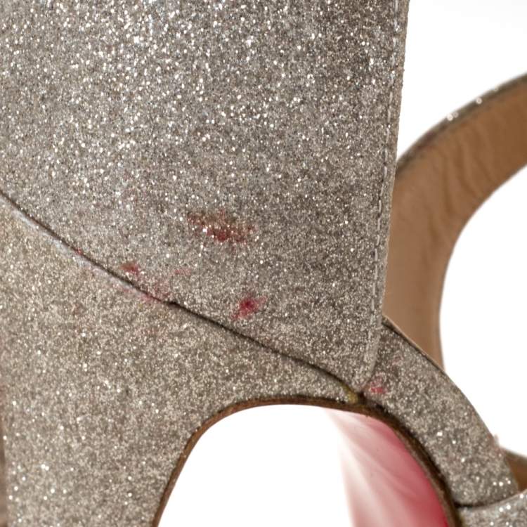 Pre Owned Christian Louboutin Silver Glittered Marlenalta Platform Sandals Size 36.5