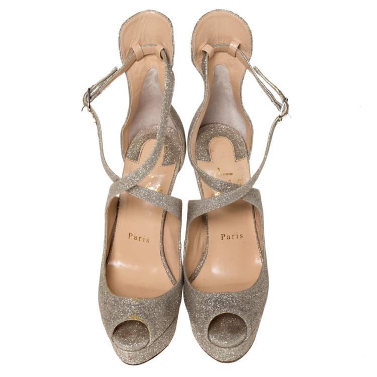 Pre Owned Christian Louboutin Silver Glittered Marlenalta Platform Sandals Size 36.5