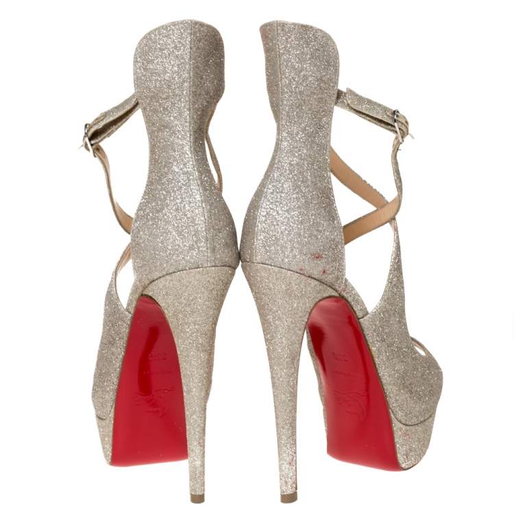 Pre Owned Christian Louboutin Silver Glittered Marlenalta Platform Sandals Size 36.5