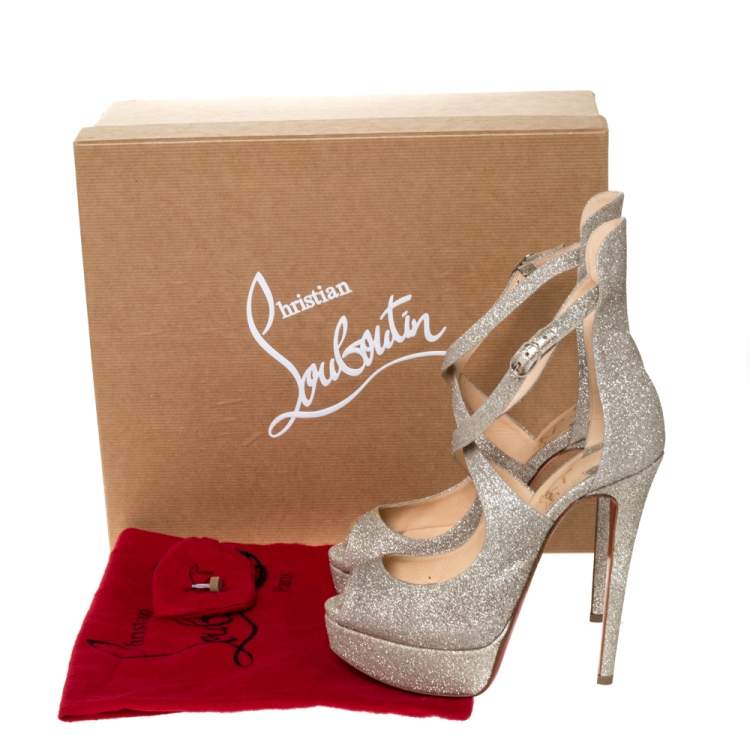 Pre Owned Christian Louboutin Silver Glittered Marlenalta Platform Sandals Size 36.5