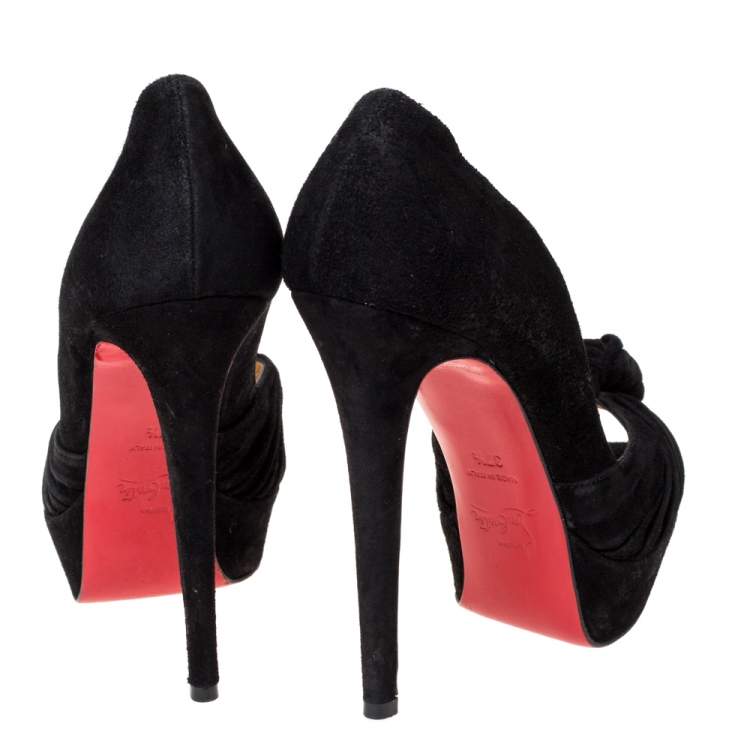 Pre Owned Christian Louboutin Black Suede Jenny Platform Knot Peep Toe Pumps Size 37.5