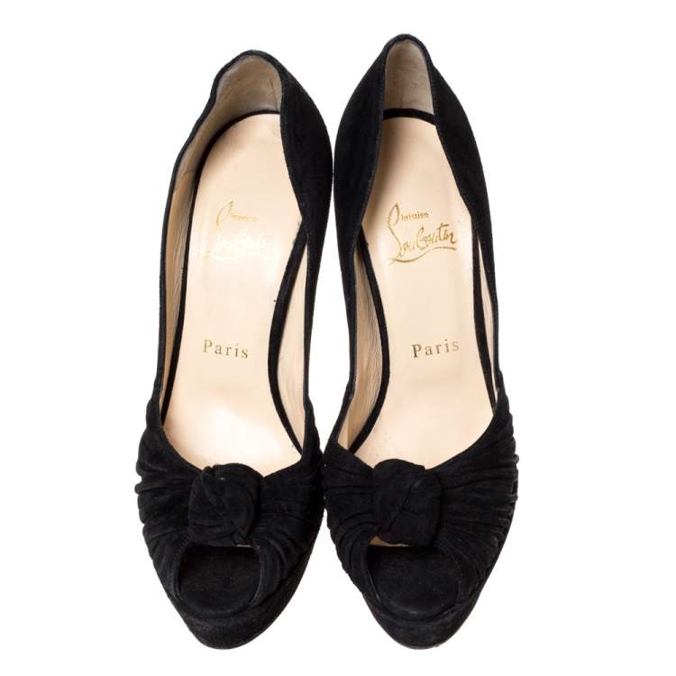 Pre Owned Christian Louboutin Black Suede Jenny Platform Knot Peep Toe Pumps Size 37.5
