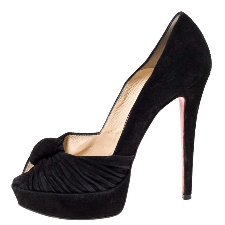Pre Owned Christian Louboutin Black Suede Jenny Platform Knot Peep Toe Pumps Size 37.5