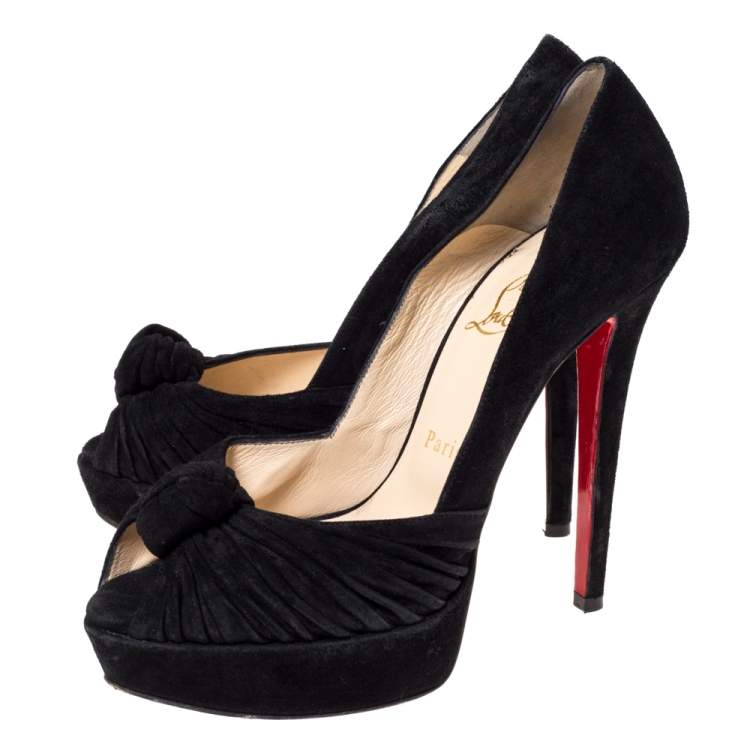 Pre Owned Christian Louboutin Black Suede Jenny Platform Knot Peep Toe Pumps Size 37.5