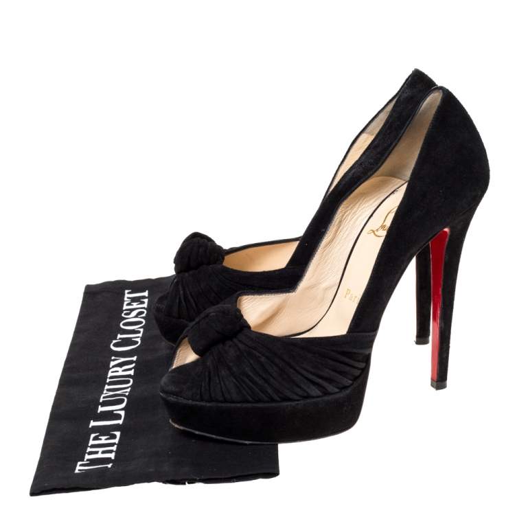 Pre Owned Christian Louboutin Black Suede Jenny Platform Knot Peep Toe Pumps Size 37.5