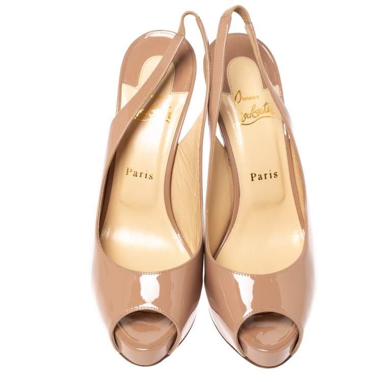 Pre Owned Christian Louboutin Beige Patent Leather Private Number Peep Toe Slingback Sandals Size 40