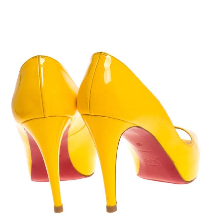 Pre Owned Christian Louboutin Yellow Patent Leather Very Prive Peep Toe Pumps Size 40