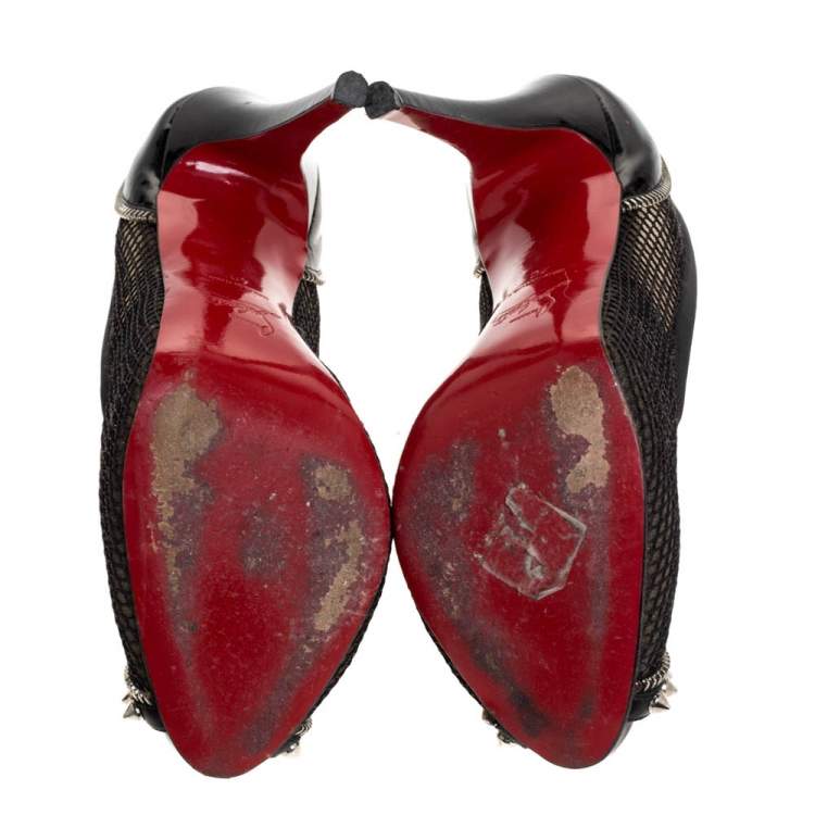 Pre Owned Christian Louboutin Black Mesh And Patent Leather Spiked Shawnita Peep Toe Pumps Size 40