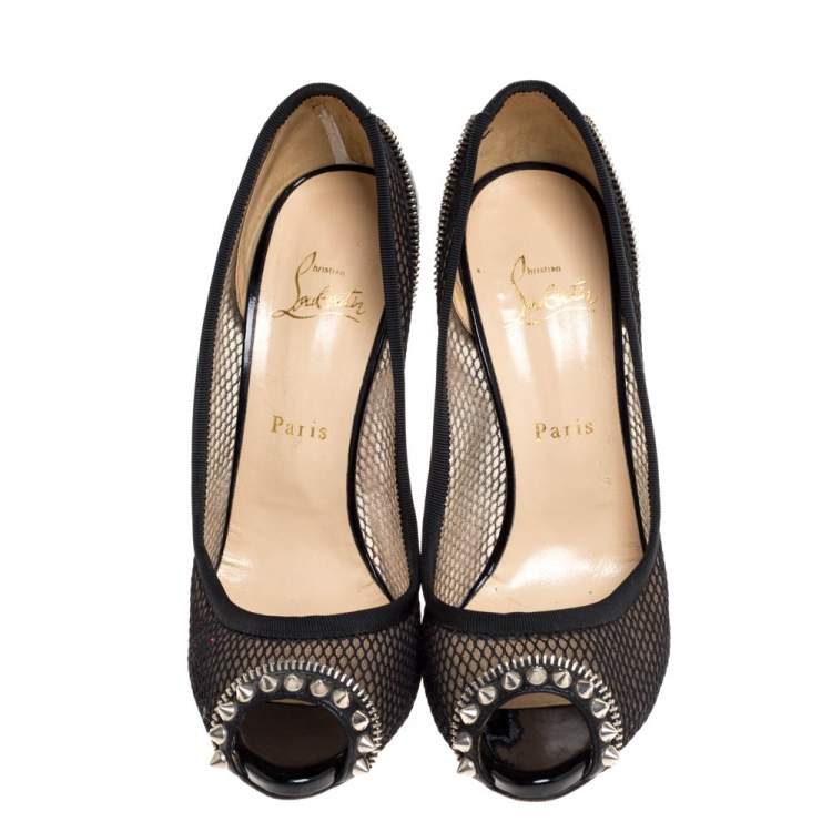 Pre Owned Christian Louboutin Black Mesh And Patent Leather Spiked Shawnita Peep Toe Pumps Size 40