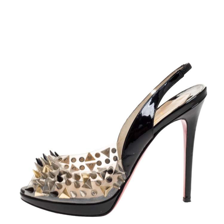 Pre Owned Christian Louboutin Black Patent And PVC Pik Pik Pik Slingback Sandals Size 38.5