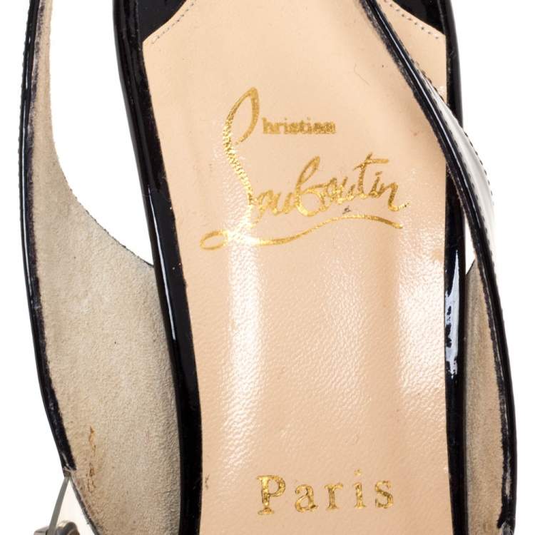 Pre Owned Christian Louboutin Black Patent And PVC Pik Pik Pik Slingback Sandals Size 38.5