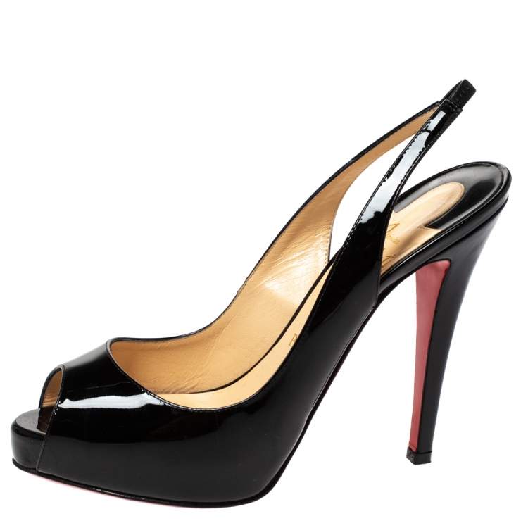 Pre Owned Christian Louboutin Black Patent Leather Private Number Peep Toe Slingback Sandals Size 37.5
