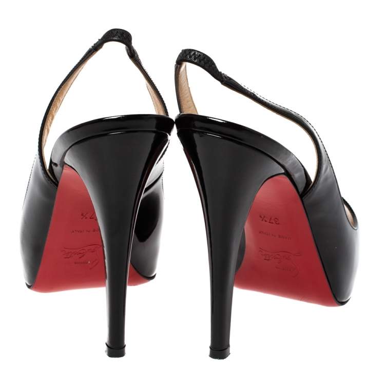 Pre Owned Christian Louboutin Black Patent Leather Private Number Peep Toe Slingback Sandals Size 37.5