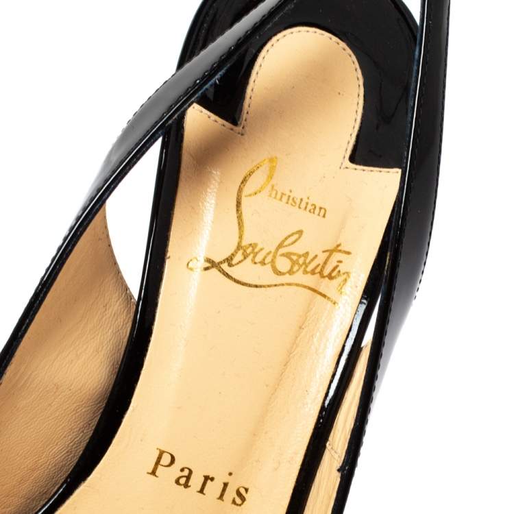 Pre Owned Christian Louboutin Black Patent Leather Private Number Peep Toe Slingback Sandals Size 37.5
