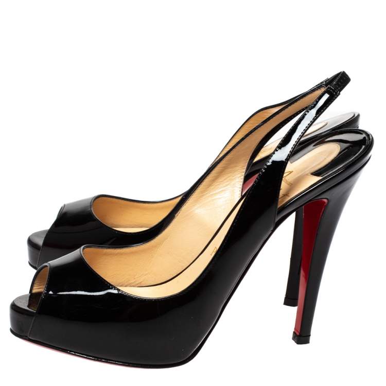 Pre Owned Christian Louboutin Black Patent Leather Private Number Peep Toe Slingback Sandals Size 37.5