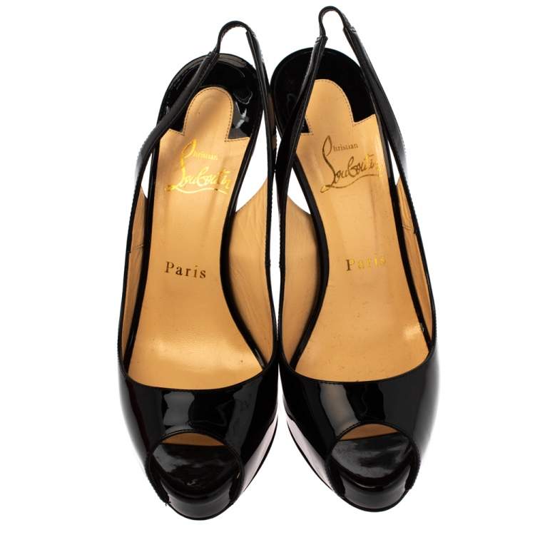 Pre Owned Christian Louboutin Black Patent Leather Private Number Peep Toe Slingback Sandals Size 37.5