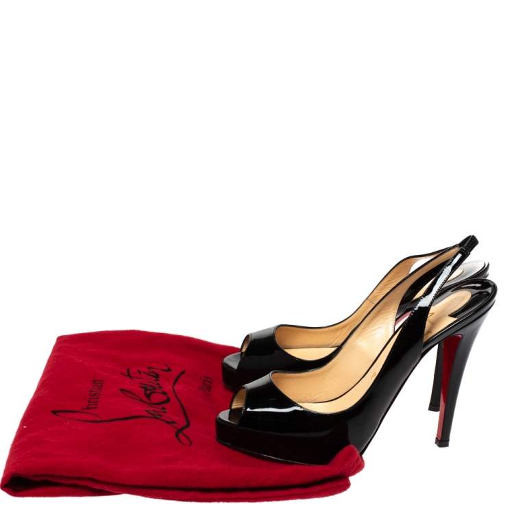 Pre Owned Christian Louboutin Black Patent Leather Private Number Peep Toe Slingback Sandals Size 37.5