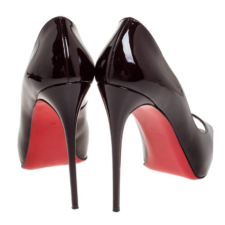 Pre Owned Christian Louboutin Dark Burgundy Patent Leather Very Prive Peep Toe Platform Pumps Size 39