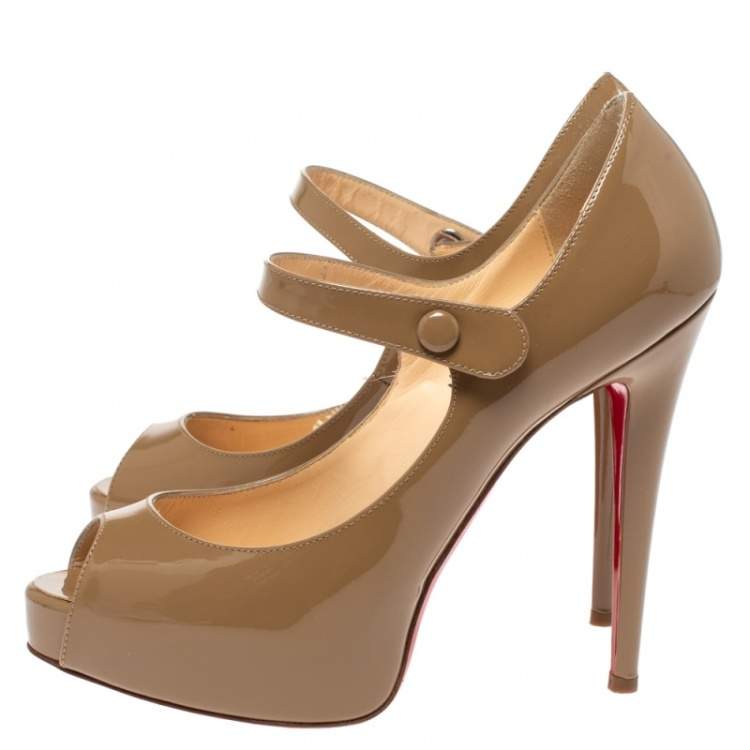 Pre Owned Christian Louboutin Beige Patent Leather Jane Vendome Platform Pumps Size 38
