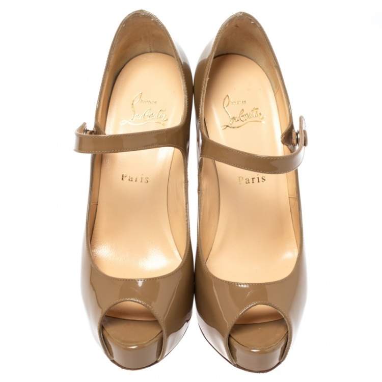 Pre Owned Christian Louboutin Beige Patent Leather Jane Vendome Platform Pumps Size 38