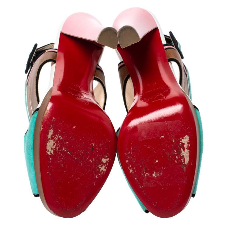 Pre Owned Christian Louboutin Multicolor Suede And Leather Azuniraco Platform Slingback Sandals Size 38.5