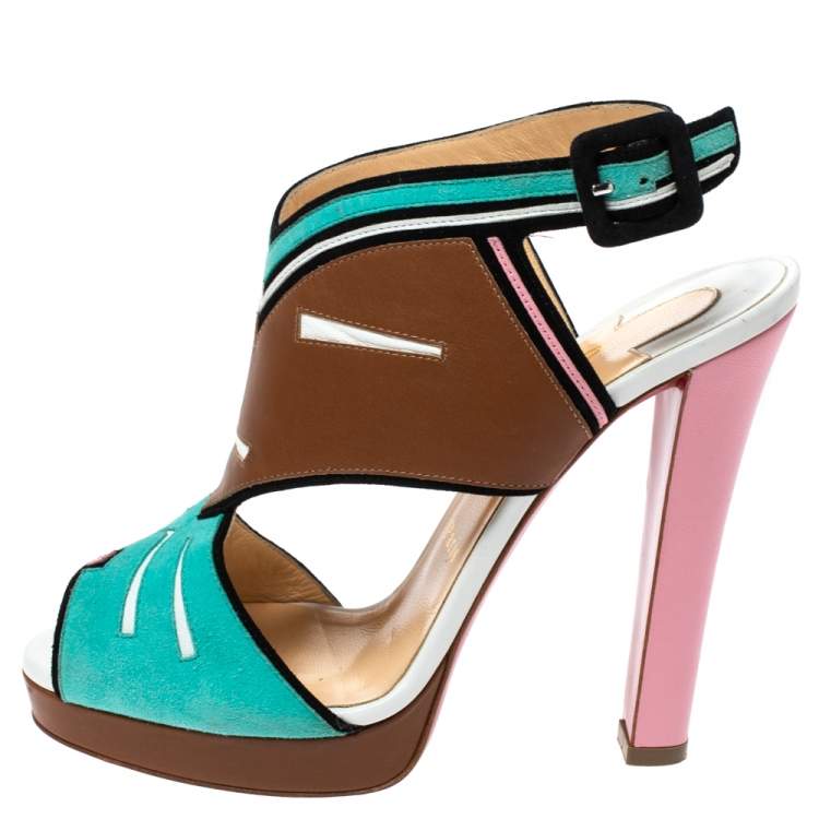 Pre Owned Christian Louboutin Multicolor Suede And Leather Azuniraco Platform Slingback Sandals Size 38.5