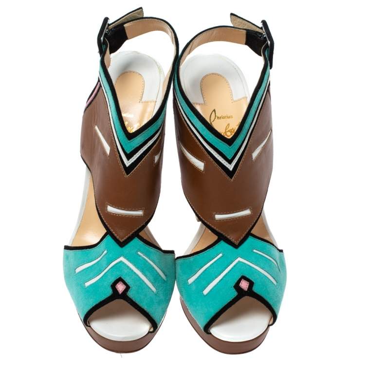 Pre Owned Christian Louboutin Multicolor Suede And Leather Azuniraco Platform Slingback Sandals Size 38.5