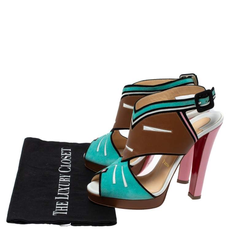 Pre Owned Christian Louboutin Multicolor Suede And Leather Azuniraco Platform Slingback Sandals Size 38.5