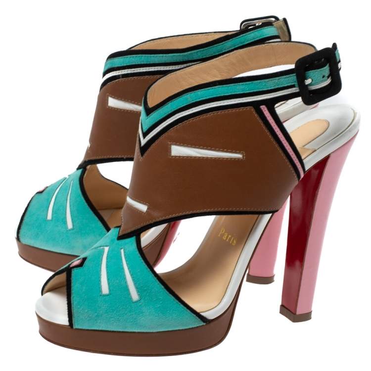 Pre Owned Christian Louboutin Multicolor Suede And Leather Azuniraco Platform Slingback Sandals Size 38.5