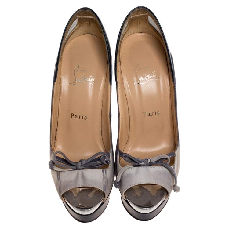 Pre Owned Christian Louboutin Two Tone Leather And Nubuck Peep Toe Platform Pumps Size 38.5