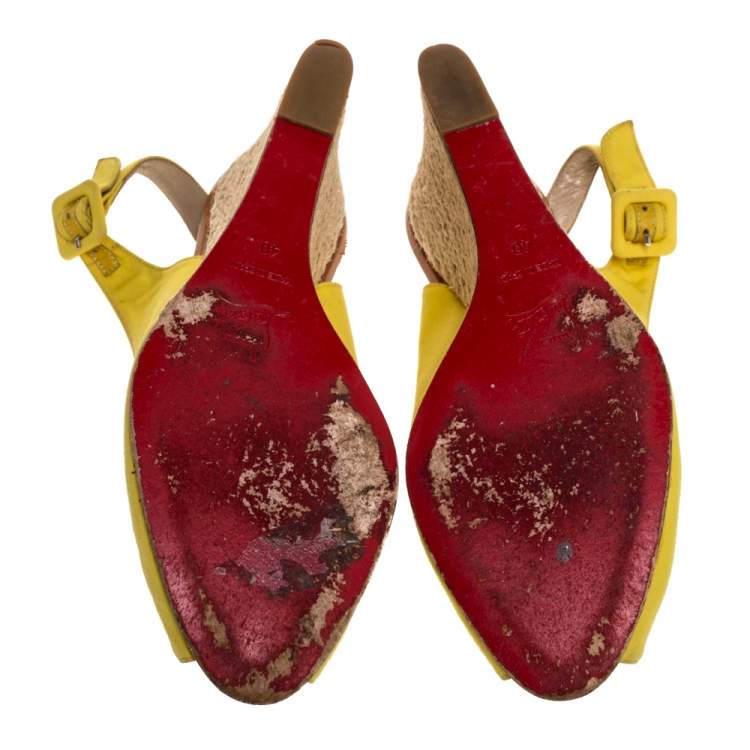 Pre Owned Christian Louboutin Yellow Canvas Puglia Espadrille Wedge Peep Toe Slingback Sandals Size 40
