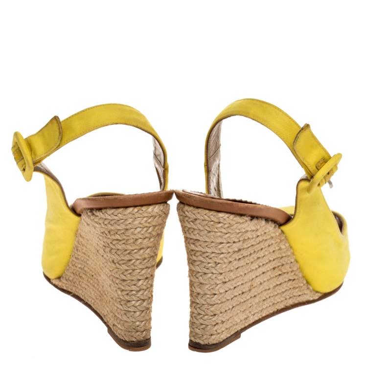 Pre Owned Christian Louboutin Yellow Canvas Puglia Espadrille Wedge Peep Toe Slingback Sandals Size 40