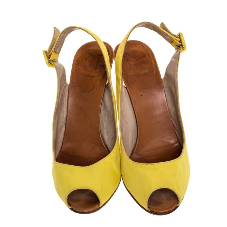Pre Owned Christian Louboutin Yellow Canvas Puglia Espadrille Wedge Peep Toe Slingback Sandals Size 40